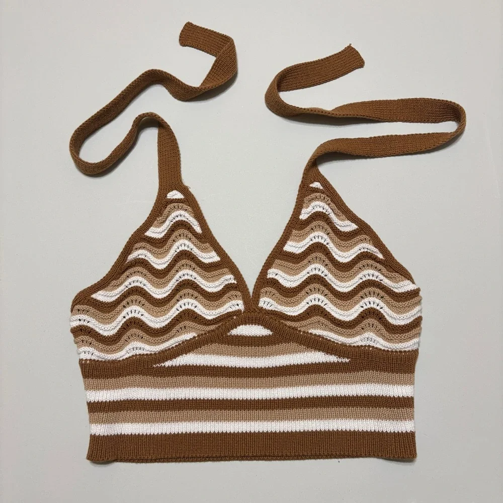 No Boundaries Chevron Striped Crochet Halter Crop Top Size M Brown Boho Festival